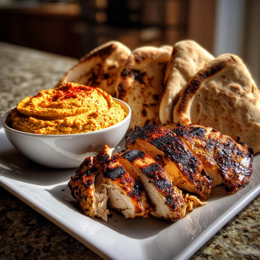 Gegrilde kip met geroosterde rode paprika hummus en pita - detail 1
