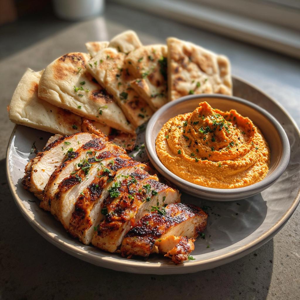 Gegrilde kip met geroosterde rode paprika hummus en pita