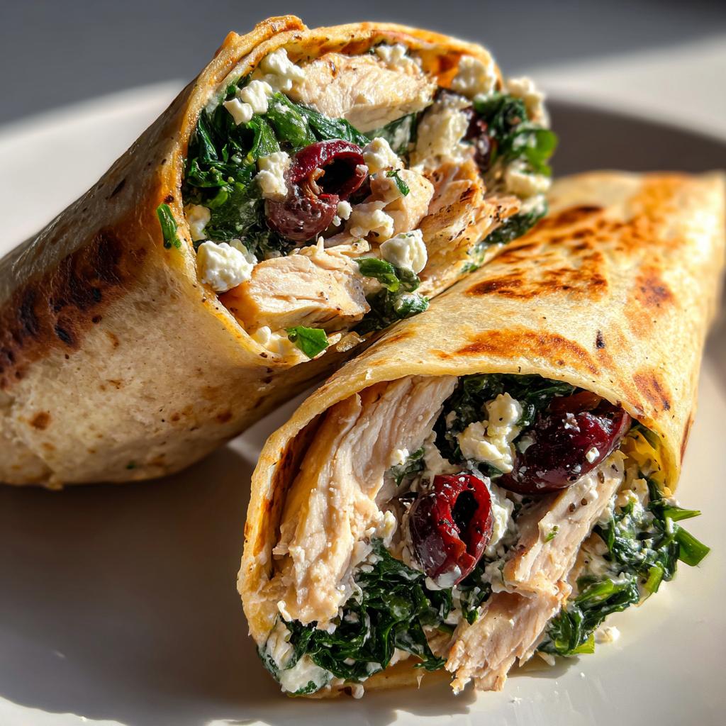 Griekse kipwraps met spinazie, olijven en feta