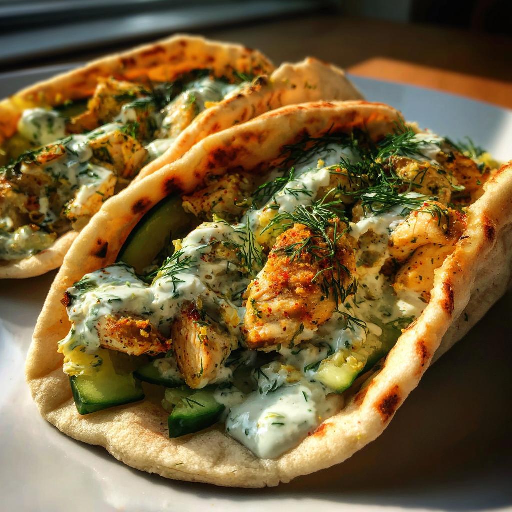 Knoflook kip pita’s met dille-yoghurtsaus