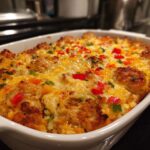 Lichte ovenschotel met kip, worst & rijst en kaas