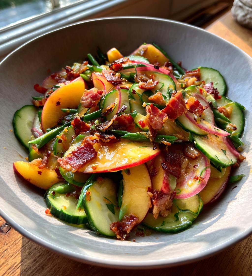 Nectarine salade met chili, komkommer, groene bonen en pancetta - detail 1