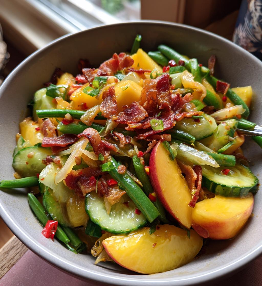 Nectarine salade met chili, komkommer, groene bonen en pancetta