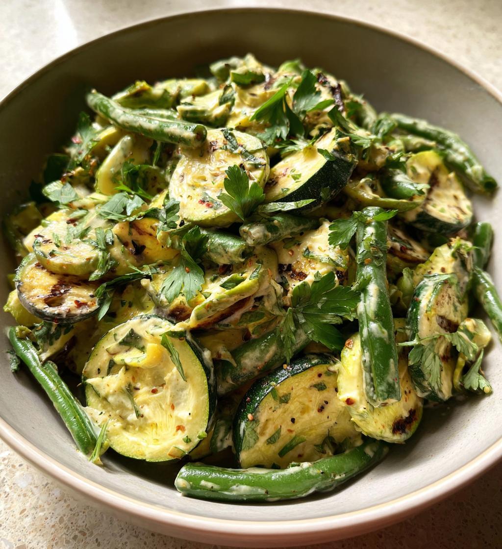 gegrilde courgette & sperziebonensalade met tahinidressing - detail 1