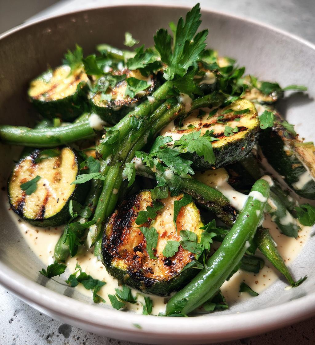 gegrilde courgette & sperziebonensalade met tahinidressing