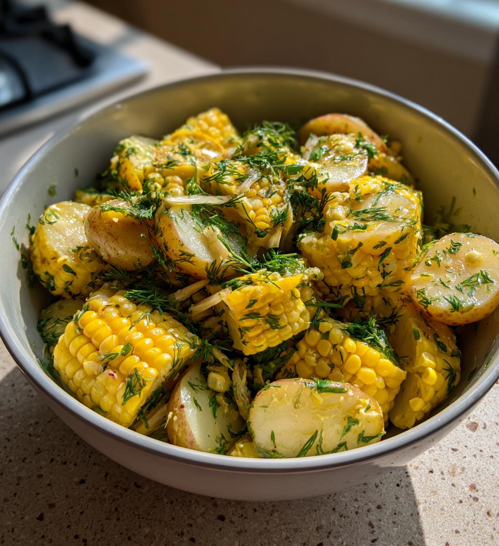 gekarrelde maïs, dille & nieuwe aardappelsalade
