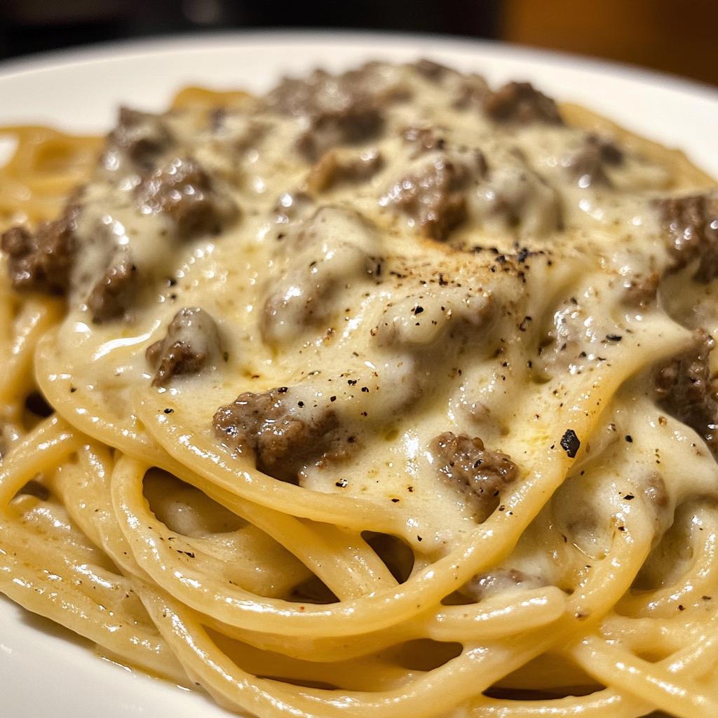 cajun beef spaghetti in creamy three cheese parmesan sauce