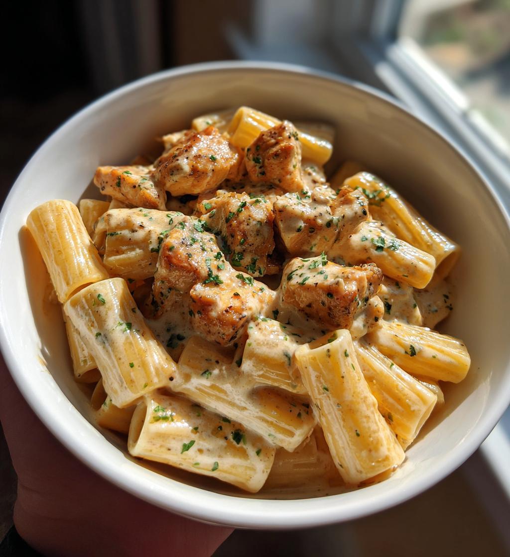 cajun garlic butter chicken rigatoni in cheesy alfredo sauce - detail 1