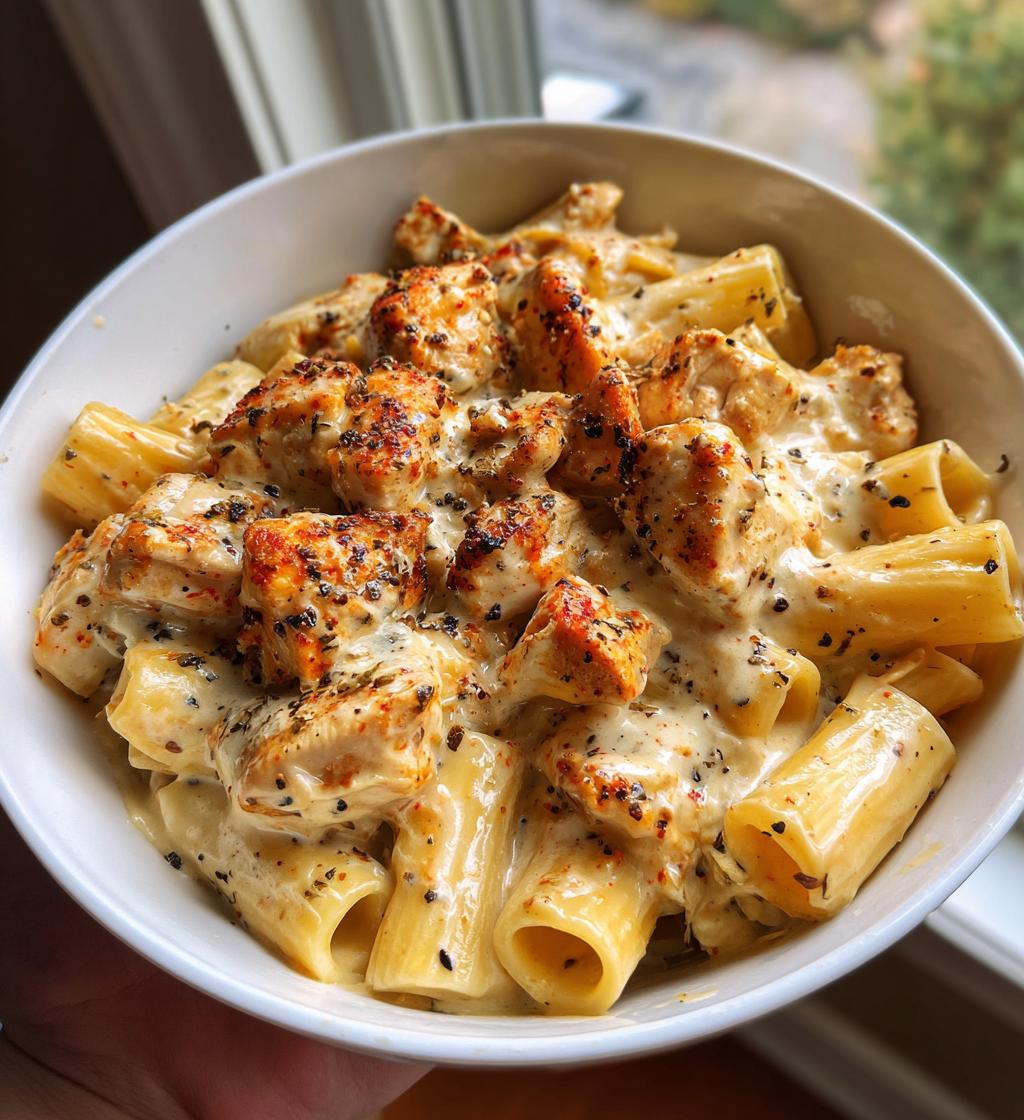 cajun garlic butter chicken rigatoni in cheesy alfredo sauce