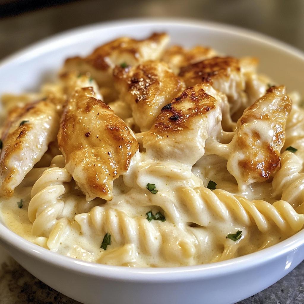 cheesy alfredo twisted pasta with golden garlic butter chicken in creamy sauce