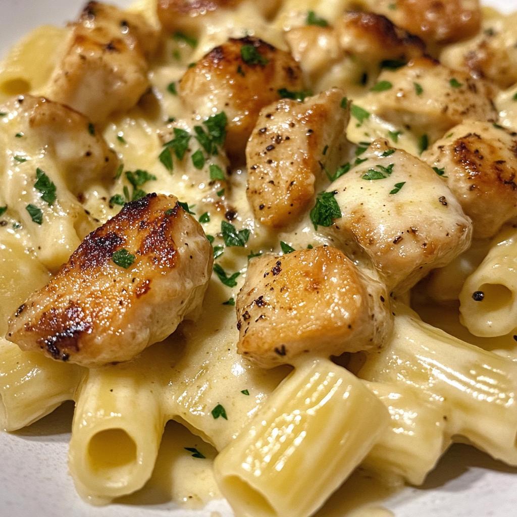 cheesy garlic butter chicken bites with rigatoni in alfredo sauce