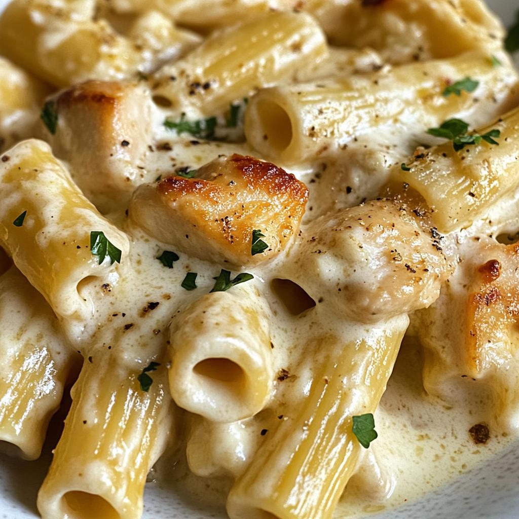 cheesy garlic butter chicken rigatoni in creamy alfredo sauce