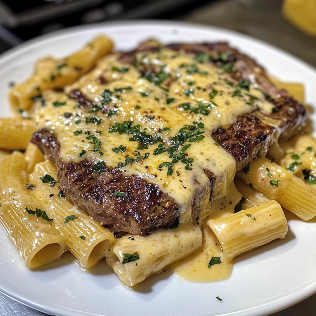 cheesy garlic butter steak with rigatoni in four cheese sauce