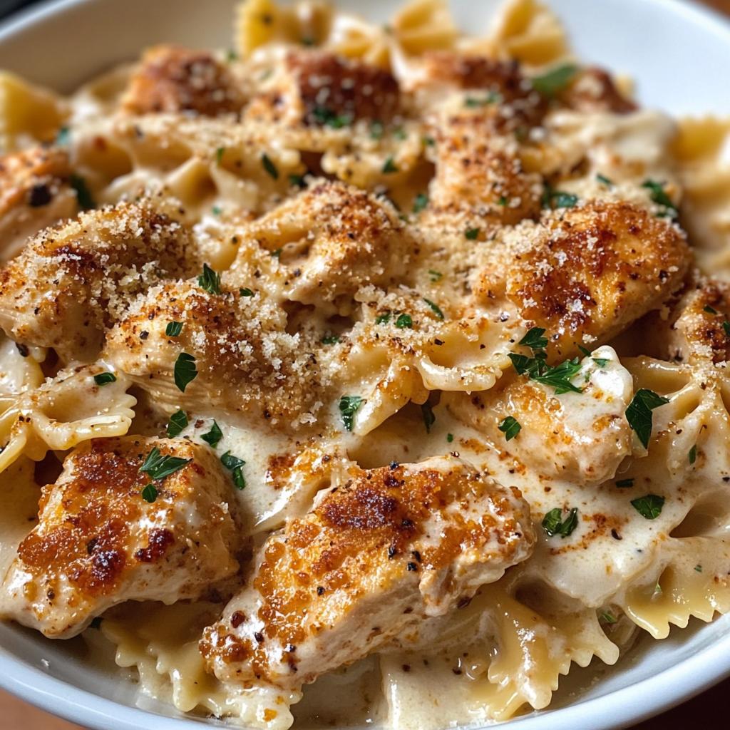 cheesy garlic cajun chicken bowtie pasta in alfredo sauce