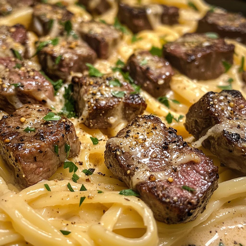 cheesy garlic steak bites over creamy linguine pasta - detail 1