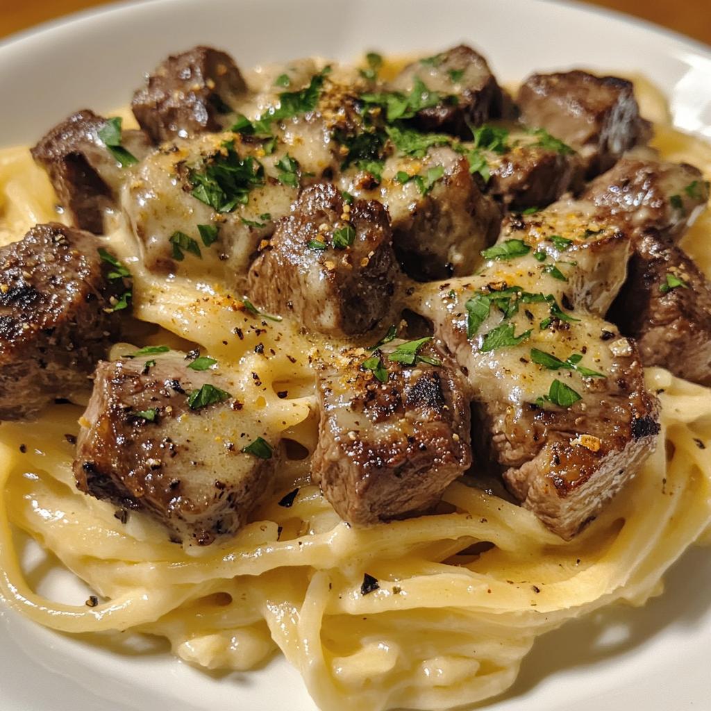 cheesy garlic steak bites over creamy linguine pasta