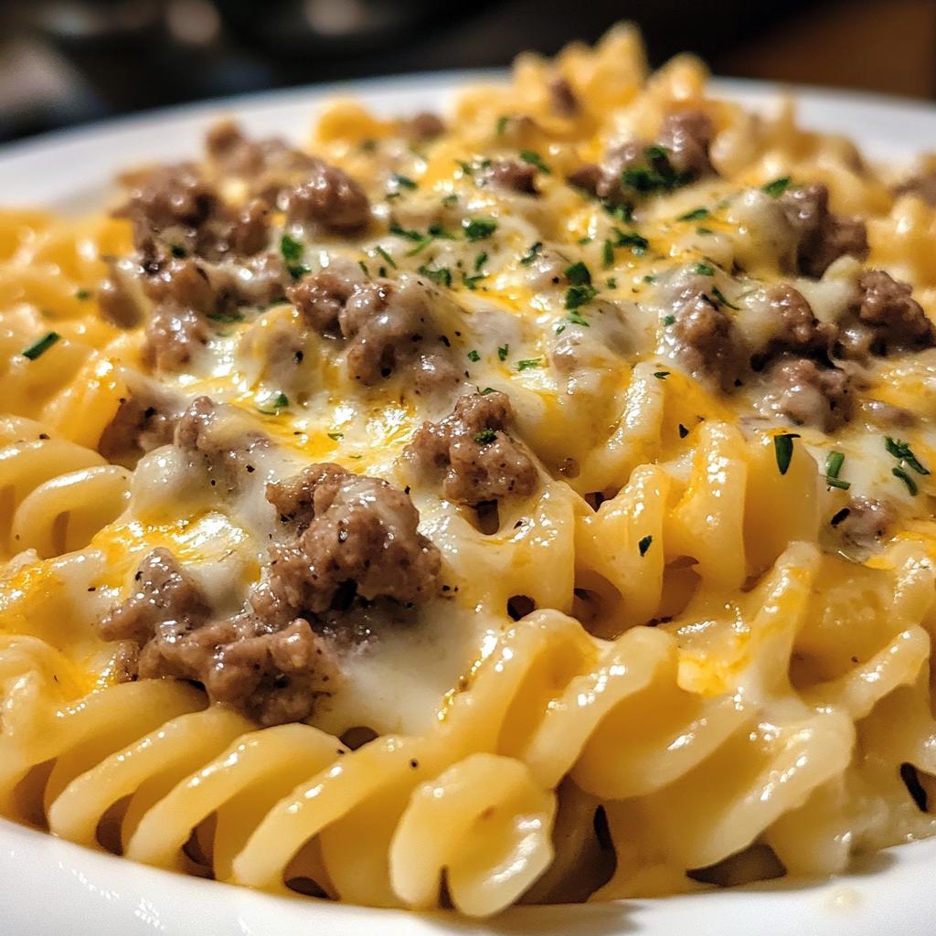 cheesy garlic twisted pasta with cajun ground beef and alfredo velveeta - detail 1