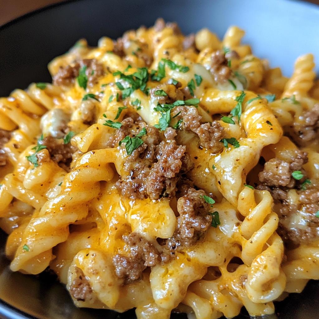 cheesy garlic twisted pasta with cajun ground beef and alfredo velveeta