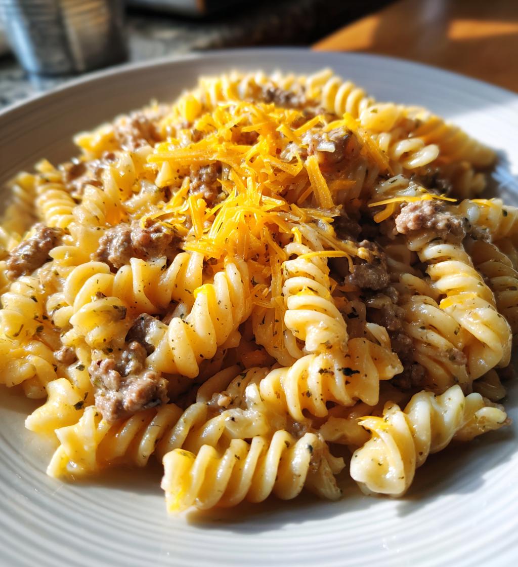 cheesy rotini pasta with garlic butter sauce and ground beef - detail 1