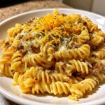 cheesy rotini pasta with garlic butter sauce and ground beef