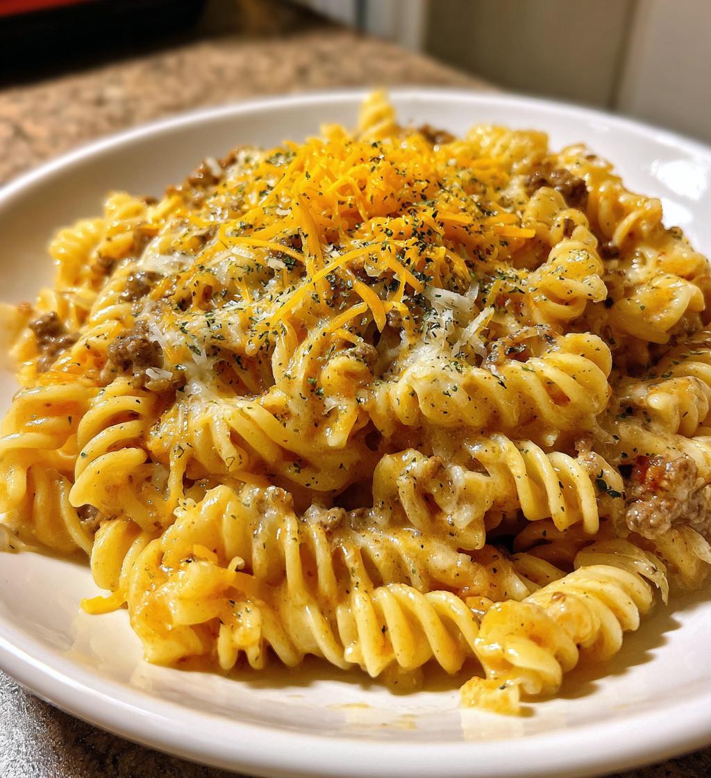 cheesy rotini pasta with garlic butter sauce and ground beef