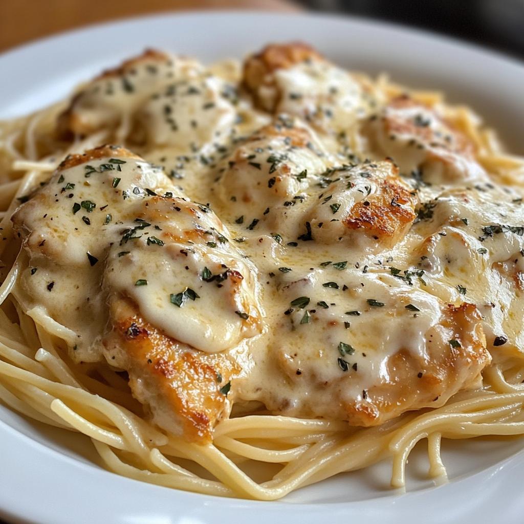 chicken smothered in cheesy alfredo three cheese spaghetti sauce - detail 1
