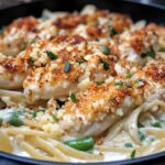 coconut lemon chicken alfredo with chili feta cream crispy parmesan green beans