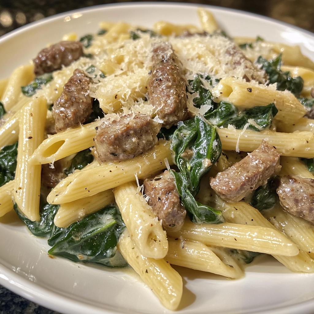creamy garlic butter beef penne with sausage and spinach