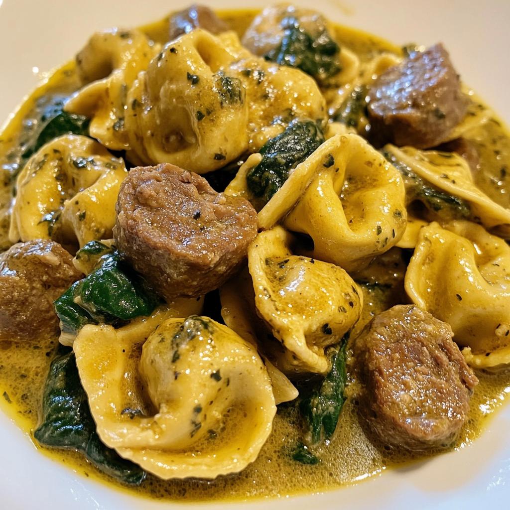 creamy garlic butter beef tortellini with italian sausage spinach