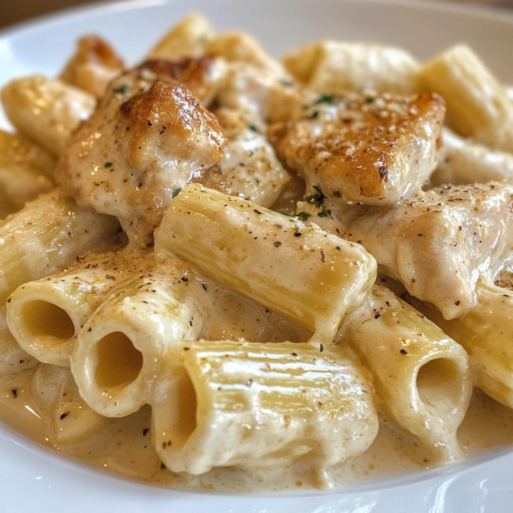 creamy garlic butter chicken and rigatoni in parmesan sauce