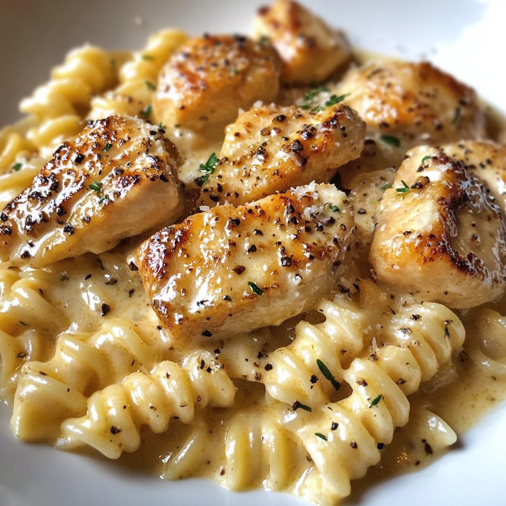 creamy garlic butter chicken and rotini in parmesan sauce - detail 1