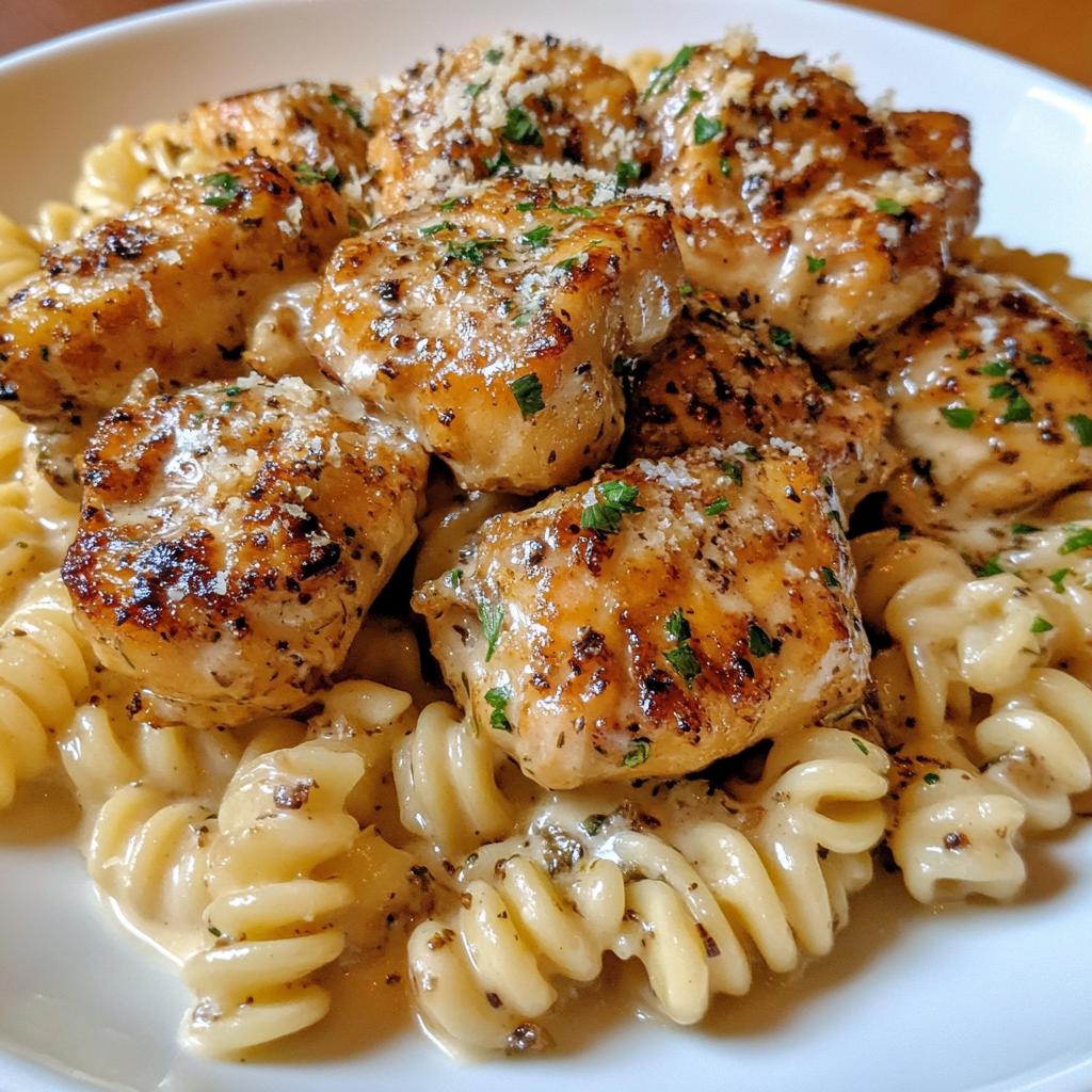 creamy garlic butter chicken and rotini in parmesan sauce