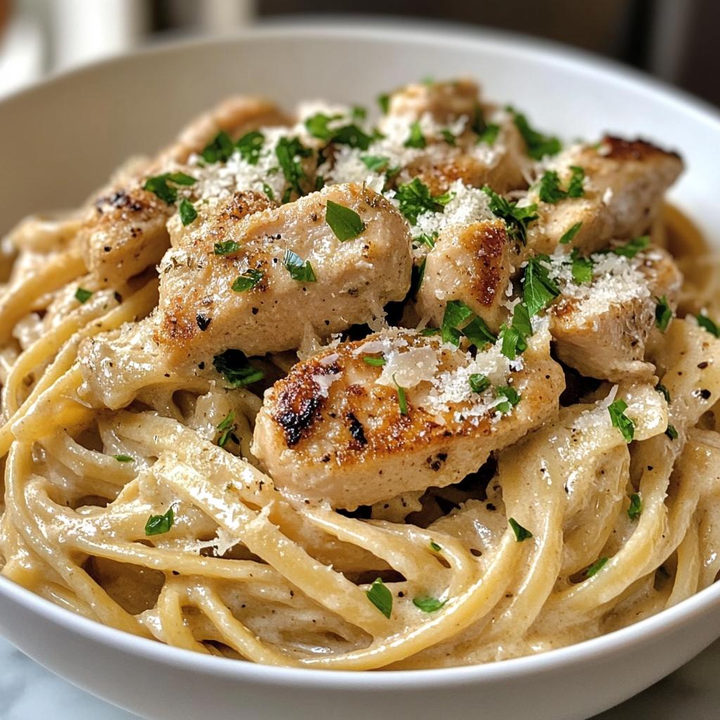 creamy garlic butter chicken linguine in alfredo sauce