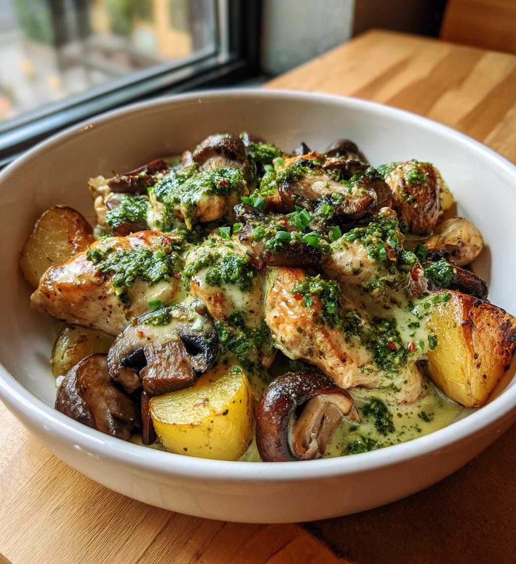 creamy garlic mushroom alfredo chicken potatoes with basil pesto