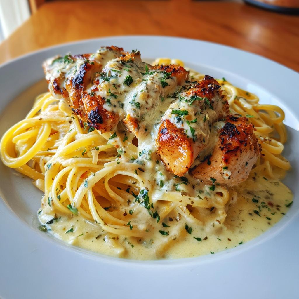 creamy garlic parmesan chicken with cheesy linguine - detail 1