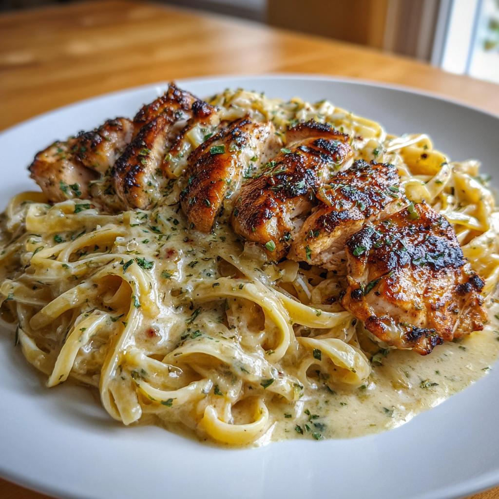 creamy garlic parmesan chicken with cheesy linguine