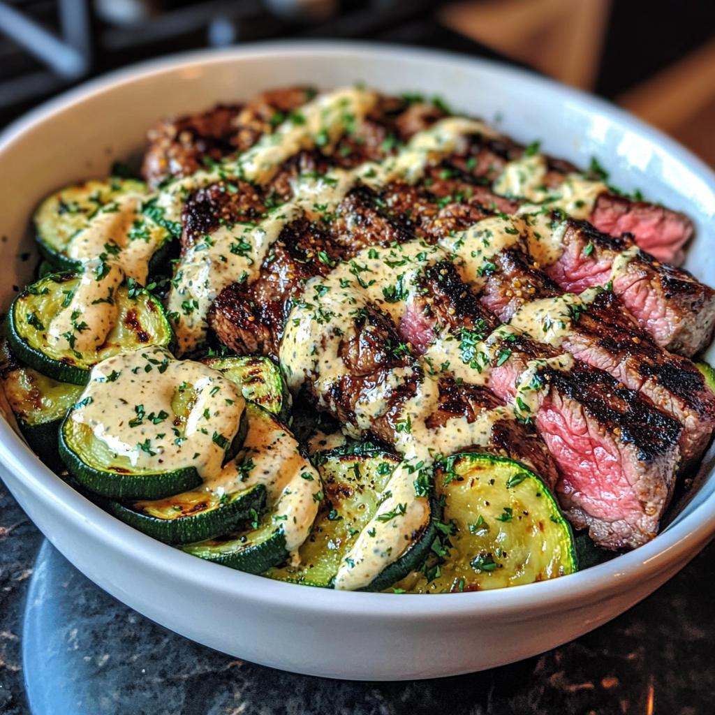 creamy grilled steak bowl recipe with zucchini