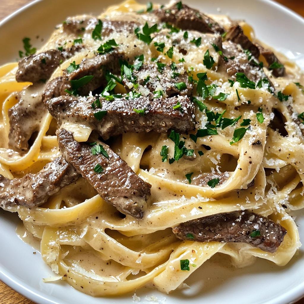 creamy parmesan beef fettuccine with garlic butter sauce