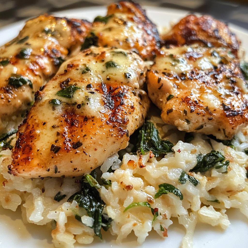 creamy parmesan spinach rice with spicy garlic chicken