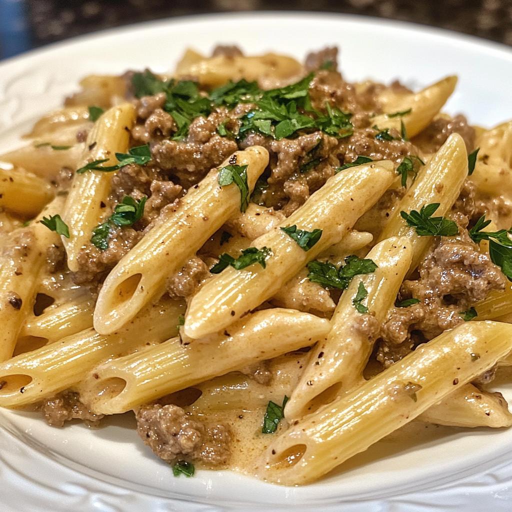 creamy velveeta penne pasta with cajun beef alfredo sauce - detail 1