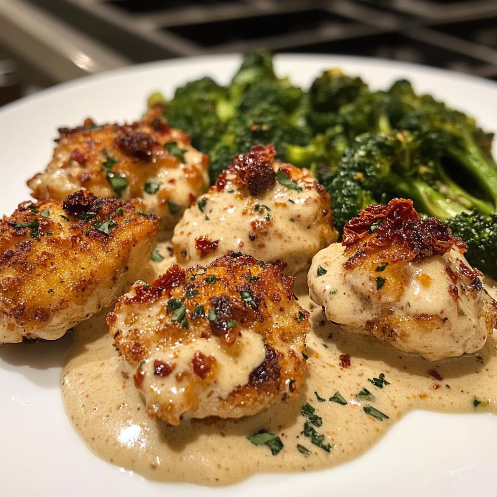 easy garlic parmesan chicken bites recipe with sun dried tomato cajun alfredo charred broccolini
