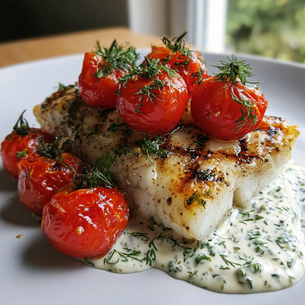 easy grilled cod recipe with roasted tomatoes creamy dill sauce
