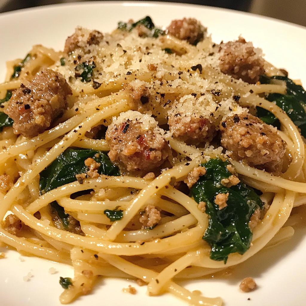 garlic butter spaghetti with cheesy italian sausage and spinach