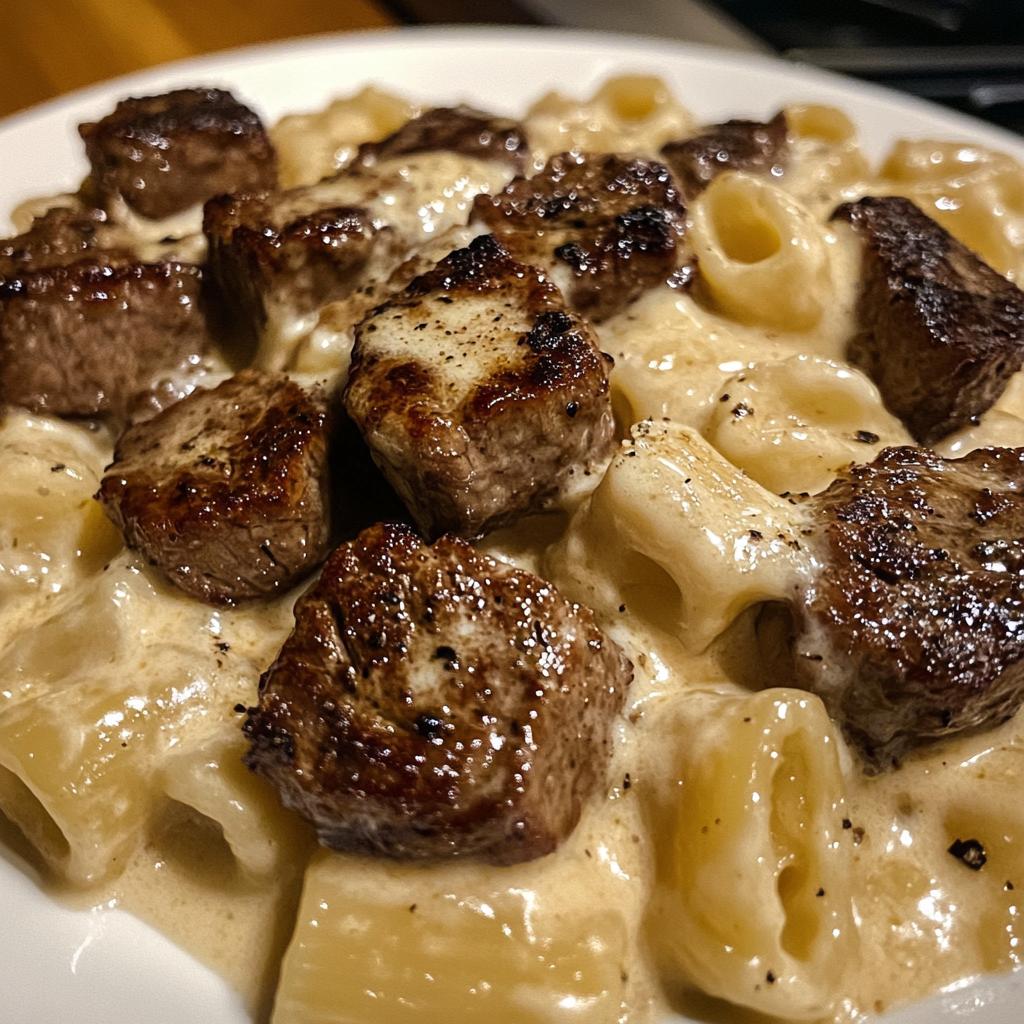 garlic butter steak bites loaded cheddar alfredo shells - detail 1
