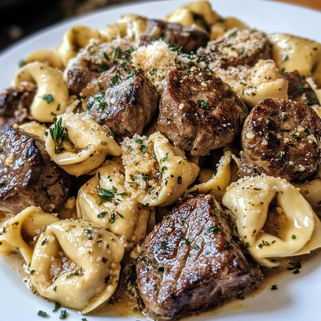 garlic butter steak bites with creamy parmesan tortellini and garlic sauce