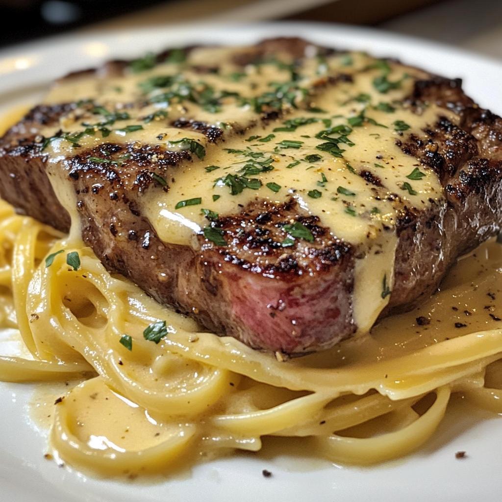 garlic butter steak with cheesy linguine in four cheese sauce - detail 1