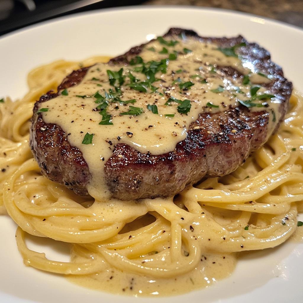 garlic butter steak with cheesy linguine in four cheese sauce
