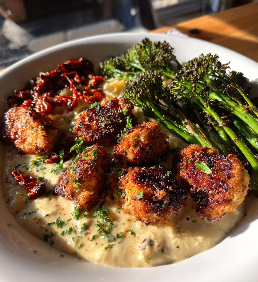 garlic parmesan chicken bites with sun dried tomato cajun alfredo charred broccolini - detail 1