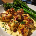 garlic parmesan chicken bites with sun dried tomato cajun alfredo charred broccolini