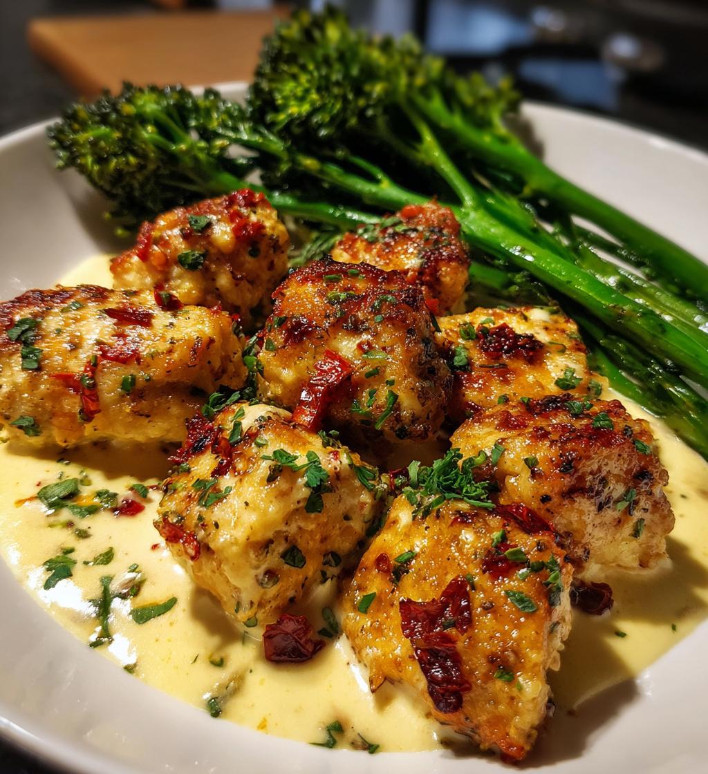 garlic parmesan chicken bites with sun dried tomato cajun alfredo charred broccolini